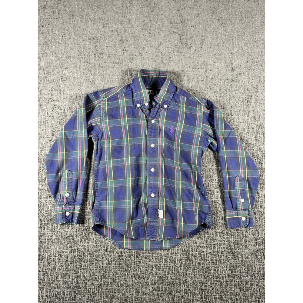 Polo Ralph Lauren Kids Navy Plaid Button Down Shirt Size 7 Long Sleeve